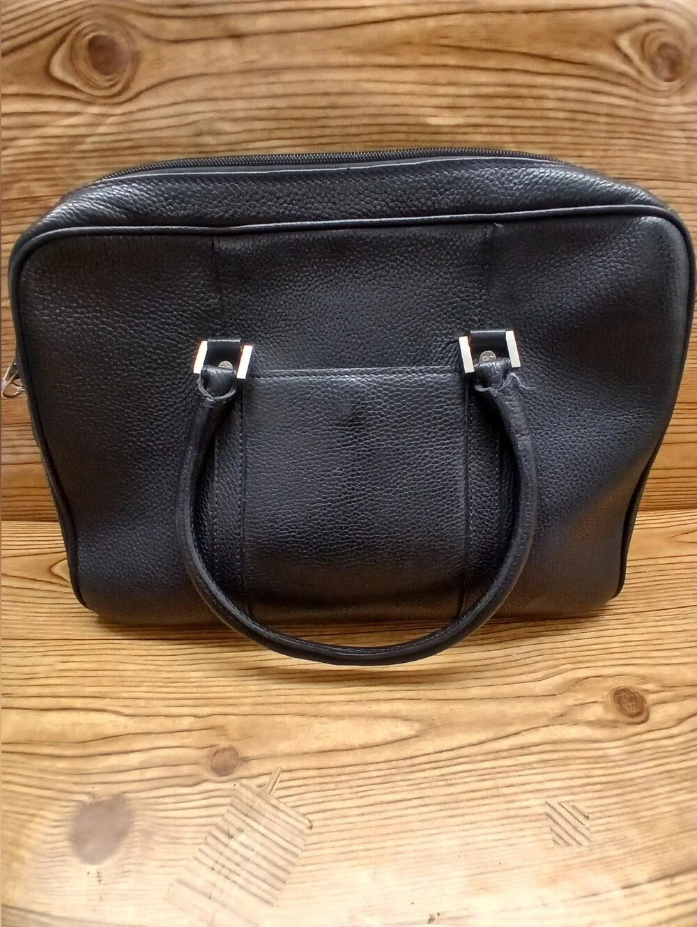 Classic Black Leather Unisex Briefcase with Gold Accent Hardware